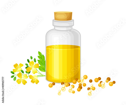 Mustard Oil in Glass Corked Jar with Seeds Scattered Nearby and Plant Specie Vector Illustration