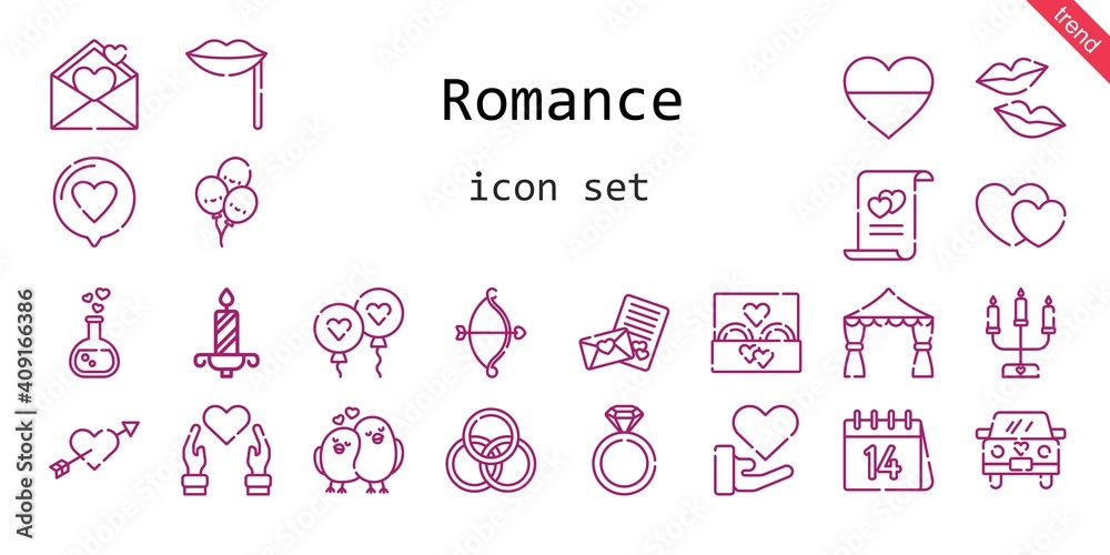 romance icon set. line icon style. romance related icons such as love, wedding ring, balloon, engagement ring, balloons, kiss, heart, love potion, wedding car, cupid, lips