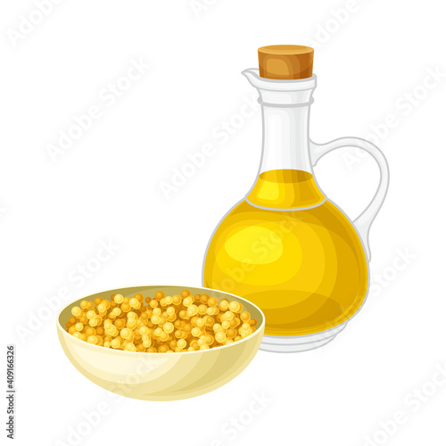 Mustard Oil in Corked Glass Jar with Seeds in Bowl Vector Illustration