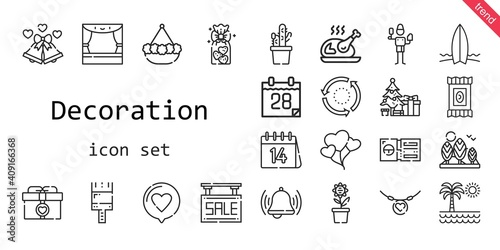 decoration icon set. line icon style. decoration related icons such as gift, love, brush, calendar, ticket, candy, balloons, paint brush, surfboard, christmas tree