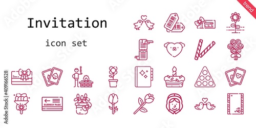 invitation icon set. line icon style. invitation related icons such as love, cards, pass, voucher, pool, scroll, bouquet, pilgrim, agenda, decorative, flower, tags, bbq, envelope