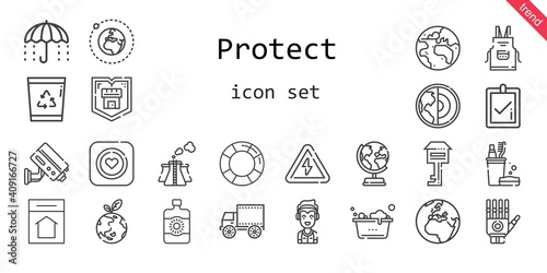 protect icon set. line icon style. protect related icons such as sun lotion, shield, correct, marshall, umbrella, earth globe, lifesaver, high voltage, toothbrush, apron, cctv, pollution, home
