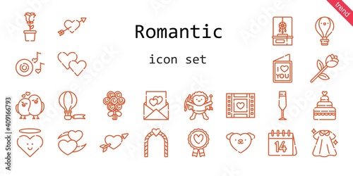 romantic icon set. line icon style. romantic related icons such as love, dress, dreamcatcher, bouquet, wedding video, favourite, heart, champagne glass, cupid, hot air balloon, wedding cake