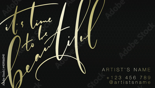 Luxury gold aesthetic beauty care or makeup master business card template with it’s time to be beautiful inspirational quote.