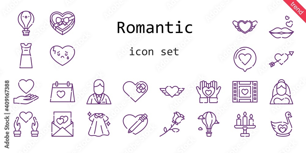 romantic icon set. line icon style. romantic related icons such as bride, love, dress, groom, swan, broken heart, wedding day, wedding video, kiss, heart, cupid, hot air balloon, candle