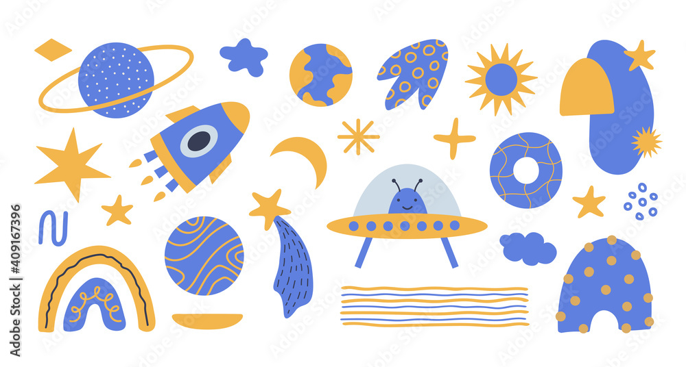 Modern set with cosmic elements, doodle objects and line shapes. Hand drawn vector illustration in yellow and blue colors isolated on white background.
Horizontal banner Modern set with cosmic elements, doodle objects and line shapes. Hand drawn vector illustration in yellow and blue colors isolated on white background.
Horizontal banner