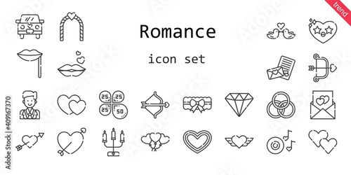 romance icon set. line icon style. romance related icons such as groom  balloons  garter  kiss  petals  heart  cupid  wedding car  diamond  lips  romantic music  rings