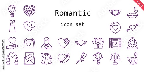 romantic icon set. line icon style. romantic related icons such as bride, love, dress, groom, swan, broken heart, wedding day, wedding video, kiss, heart, cupid, hot air balloon, candle