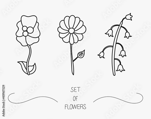 Isolated set of flowers icons on white background. Collection of floral sign for garden and luxury minimalist boho design. No fill flowers with stem