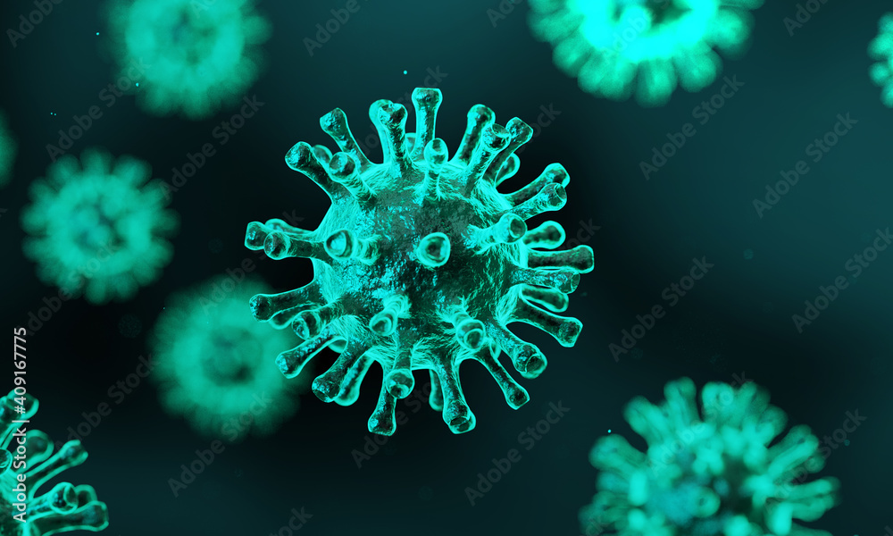 Coronavirus 2019-ncov flu outbreak, covid-19 3d green color banner illustration, microscopic view of floating influenza virus cells Coronavirus 2019-ncov flu outbreak, covid-19 3d green color banner illustration, microscopic view of floating influenza virus cells