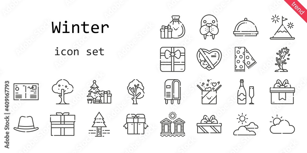 winter icon set. line icon style. winter related icons such as gift, pine tree, scarf, christmas tree, tree, dinner, cloudy, mountain, walrus, postcard, champagne, letterbox, hat, cabins, gifts,