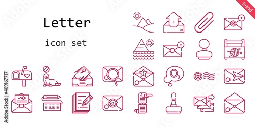 letter icon set. line icon style. letter related icons such as sewing box, keyboard, mail, rubber stamp, scroll, seal, stamp, outbox, ozone, mailbox, pyramid, write, inbox, email, clip,