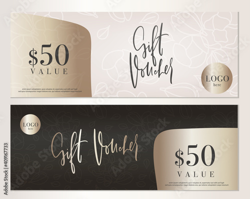 Luxury gold black gift voucher template set with gentle floral background.