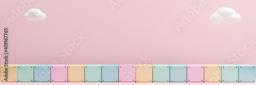Minimal scene yellow, green ,blue block and white cloud on pink background. Geometric shape.3D rendering.Use For Product Showcase.pastel color Tone. Cute color. wide panorama banner background.