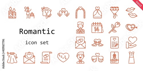 romantic icon set. line icon style. romantic related icons such as love, dress, wedding dress, dreamcatcher, groom, couple, birch, broken heart, bouquet, candles, kiss, heart, swans, wedding arch