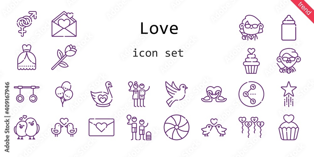 love icon set. line icon style. love related icons such as wedding dress, gender, candy, balloons, birch, feeder, swan, swans, teacher, rings, dove, love birds, love letter, share, rose, family