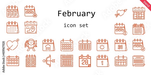 february icon set. line icon style. february related icons such as calendar, cupid,