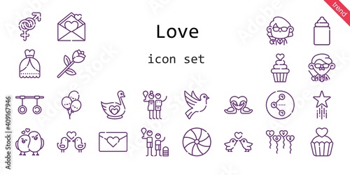 love icon set. line icon style. love related icons such as wedding dress, gender, candy, balloons, birch, feeder, swan, swans, teacher, rings, dove, love birds, love letter, share, rose, family