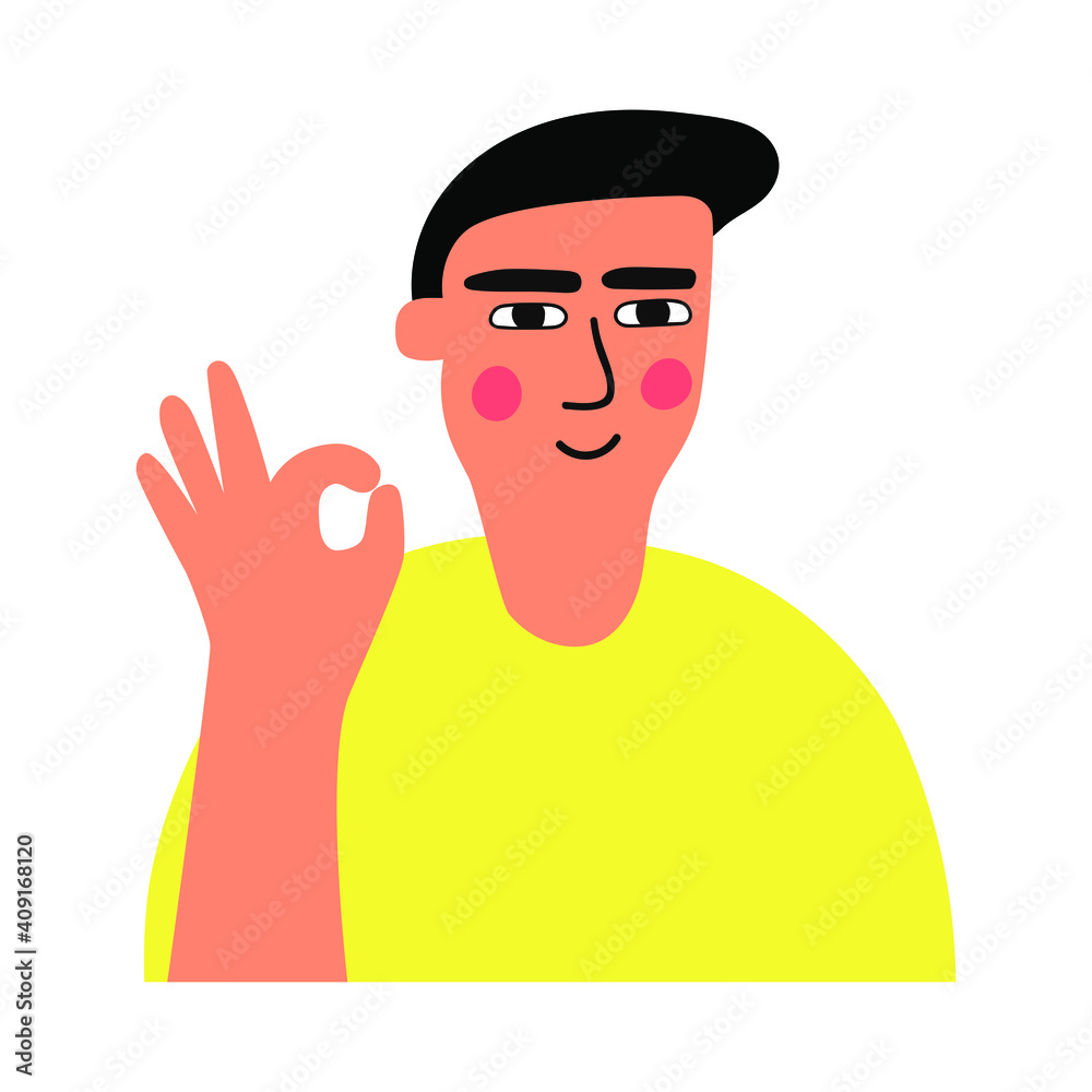 Young guy showing ok sign. Vector illustration on white background.