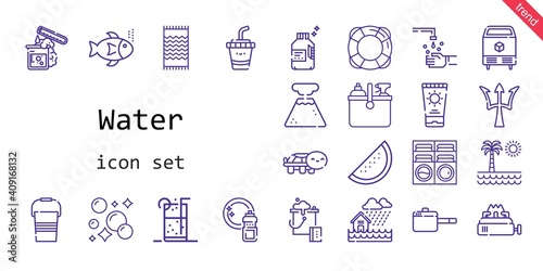 water icon set. line icon style. water related icons such as washing machine, cleaning, test tube, turtle, soft drink, beach towel, lifesaver, ice, fishes, flood, geyser, drink, bucket, detergent