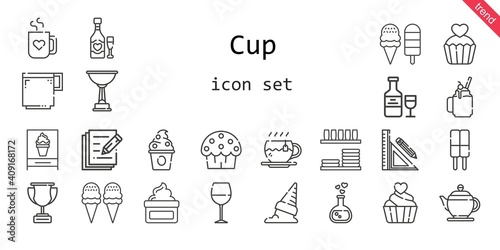 cup icon set. line icon style. cup related icons such as smoothie, wine glass, cup cake, dinnerware, teapot, cream, love potion, frozen yogurt, tea, ice cream, coffee cup, stationery, trophy, write