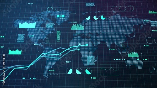World map with growing business with line charts and digital elements statistics technology - graphs pie charts bar charts hi-tech glowing and flickering elements  - motion graphics animation
