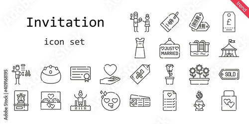 invitation icon set. line icon style. invitation related icons such as love, dress, shower, flowers, wedding ring, just married, wedding gift, plane ticket, father, pool, tags, wedding planning