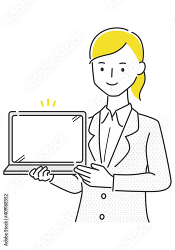 スーツの女性のイラスト。ノートパソコンを持って説明してる若い女性。