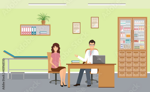 Woman patient at doctors consultation in clinic office. Male doctor in uniform and female character in consulting room. Vector illustration.