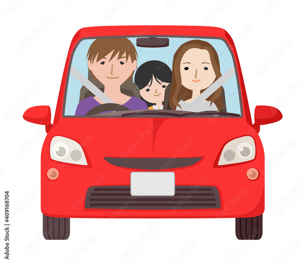 ドライブする若い夫婦と子供