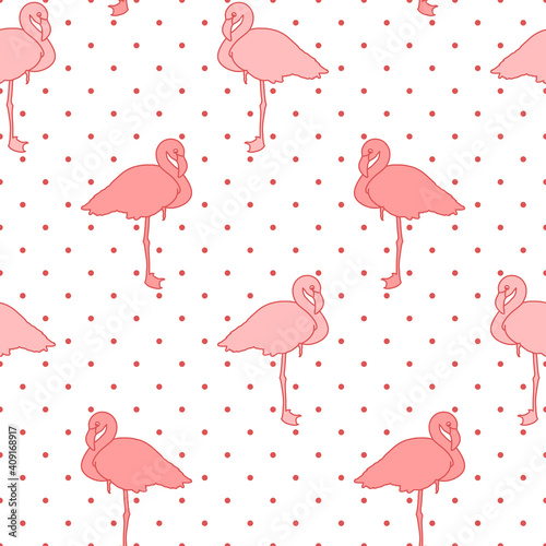 pink flamingos on polka dots repetitive background. simple birds. vector seamless pattern. baby fabric swatch. wrapping paper. continuous print. design element for home decor, apparel, textile, cloth