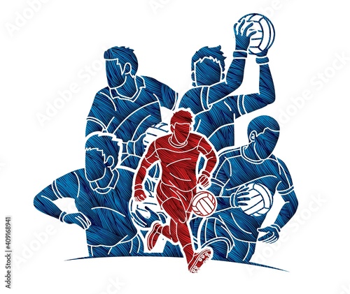 Group of Gaelic Football Men Players Action Cartoon Graphic Vector.