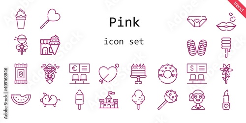 pink icon set. line icon style. pink related icons such as cotton candy  castle  panties  piggy bank  candy  bouquet  lollipop  lipstick  girl  kiss  popsicle  flower  cake pop  cupid  bank