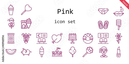 pink icon set. line icon style. pink related icons such as cotton candy, castle, panties, piggy bank, candy, bouquet, lollipop, lipstick, girl, kiss, popsicle, flower, cake pop, cupid, bank