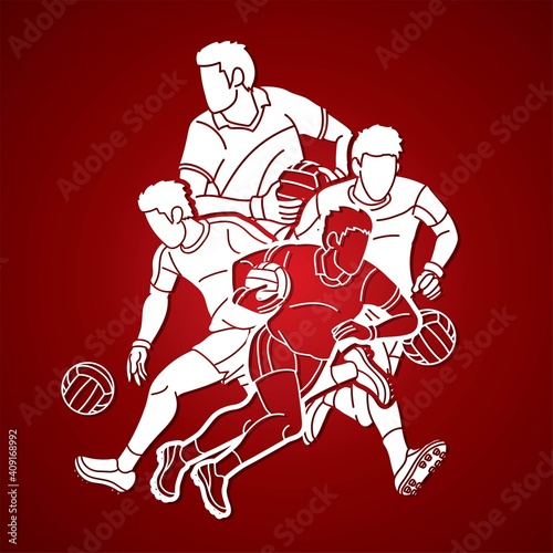 Group of Gaelic Football Men Players Action Cartoon Graphic Vector.