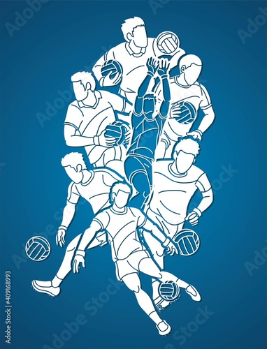 Group of Gaelic Football Men Players Action Cartoon Graphic Vector.