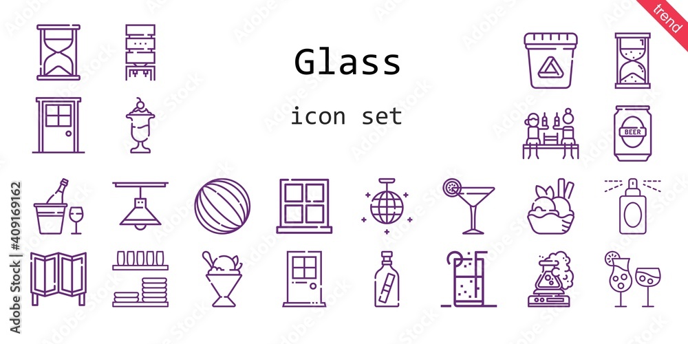 glass icon set. line icon style. glass related icons such as waste, door, message in a bottle, soft drink, cocktails, room divider, dinnerware, lamp, water dispenser, mirror ball, perfume, ball