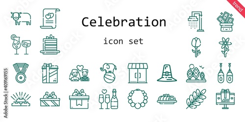 celebration icon set. line icon style. celebration related icons such as gift, cake slice, shower, cocktails, tree, ox, necklace, pilgrim, trick, branch, flower, gold, cake, marriage, boxing, medal