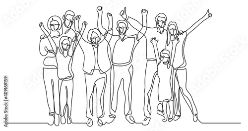continuous line drawing of happy big family cheering wearing face masks