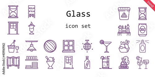 glass icon set. line icon style. glass related icons such as waste, door, message in a bottle, soft drink, cocktails, room divider, dinnerware, lamp, water dispenser, mirror ball, perfume, ball