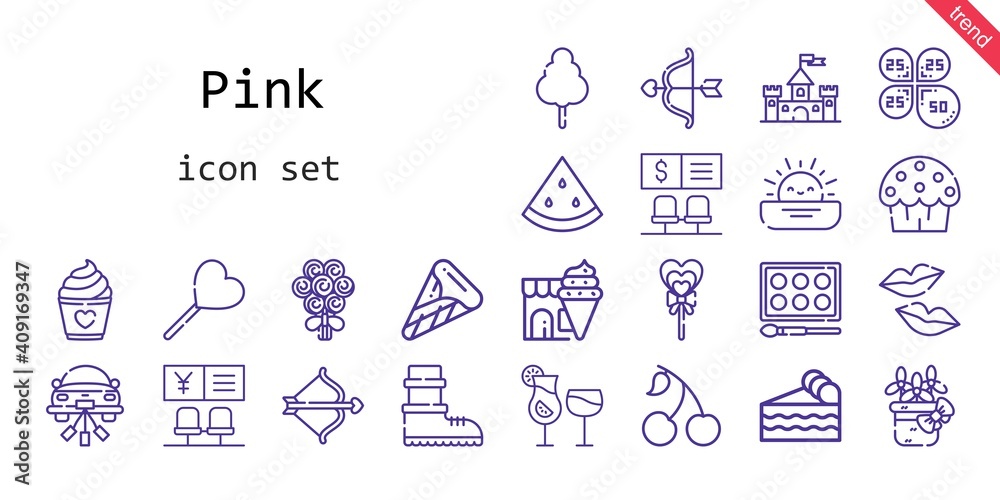 pink icon set. line icon style. pink related icons such as cherry, cotton candy, castle, cocktails, piece of cake, cup cake, bouquet, lollipop, kiss, petals, flower, wedding car, cupid, bank pink icon set. line icon style. pink related icons such as cherry, cotton candy, castle, cocktails, piece of cake, cup cake, bouquet, lollipop, kiss, petals, flower, wedding car, cupid, bank