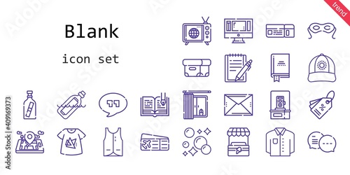 blank icon set. line icon style. blank related icons such as tv, message in a bottle, eye mask, plane ticket, vest, book, notepad, monitor, box, bottle, photo camera, quotes, cap, shirt, open book