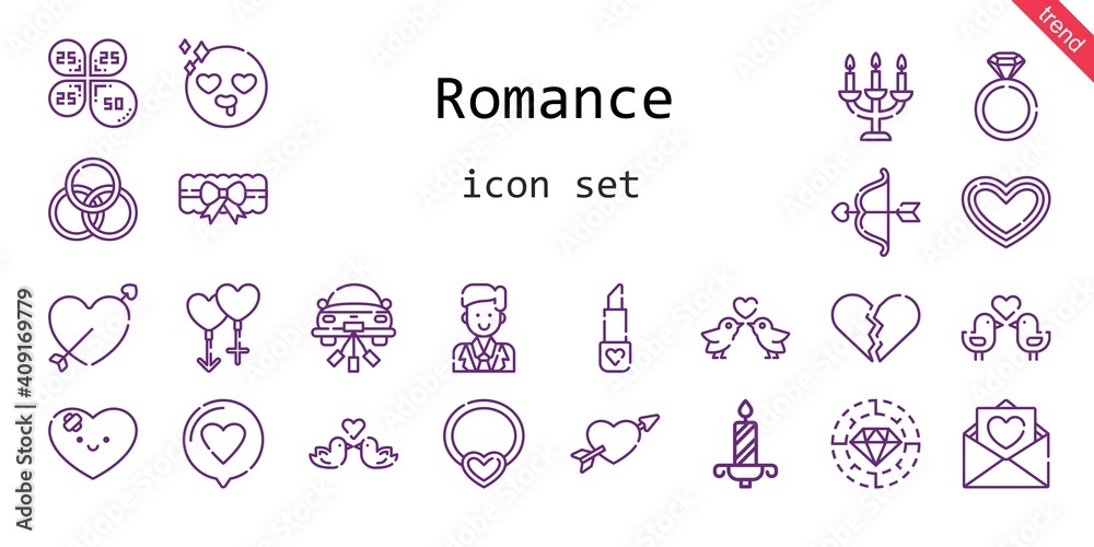 romance icon set. line icon style. romance related icons such as love, couple, groom, engagement ring, garter, broken heart, necklace, lipstick, petals, heart, cupid, wedding car, diamond, in love romance icon set. line icon style. romance related icons such as love, couple, groom, engagement ring, garter, broken heart, necklace, lipstick, petals, heart, cupid, wedding car, diamond, in love