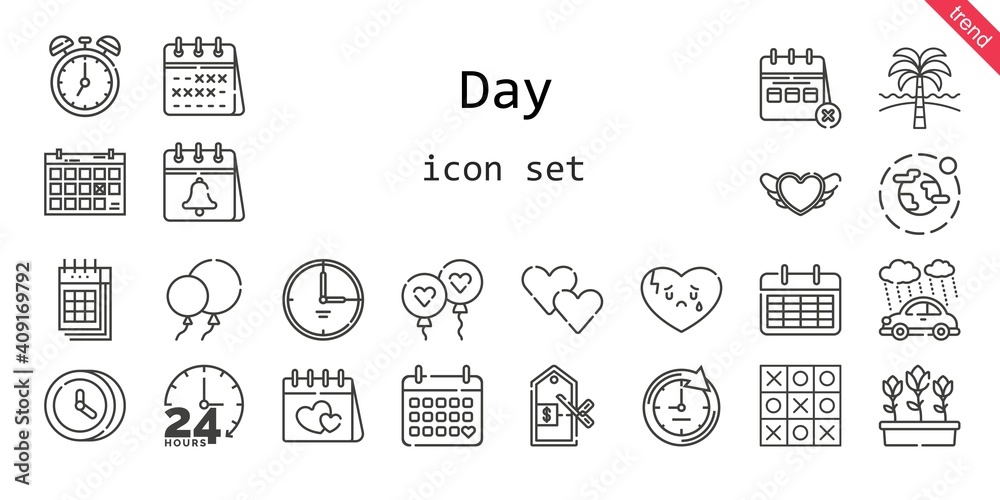 day icon set. line icon style. day related icons such as calendar, rain, balloon, balloons, broken heart, clock, heart, environment, tulips, 24 hours, price, tic tac toe, beach, time