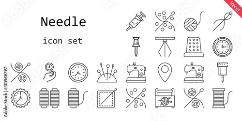 needle icon set. line icon style. needle related icons such as sewing box, needles, vaccine, hook, pin, sewing machine, thimble, wool ball, sewing