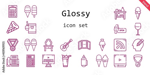 glossy icon set. line icon style. glossy related icons such as wine glass, calculator, video player, mirror, candy, pencil, rss feed, shelf, guitar, dressing table, ice cream, medal, fax,