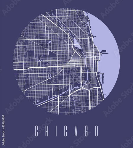 Chicago map poster. Decorative design street map of Chicago city, cityscape aria panorama.