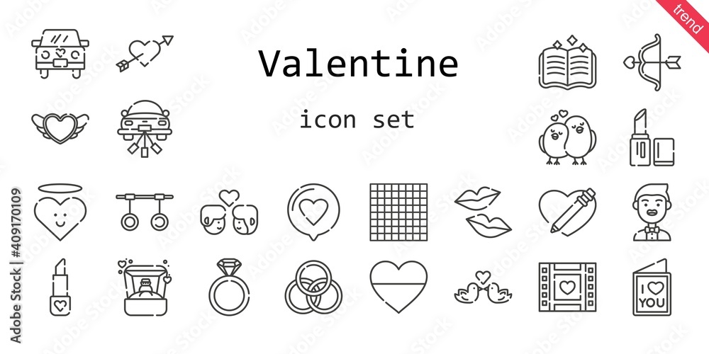 valentine icon set. line icon style. valentine related icons such as love, groom, couple, ring, engagement ring, lipstick, wedding video, kiss, heart, wedding car, cupid, spellbook, rings, love birds