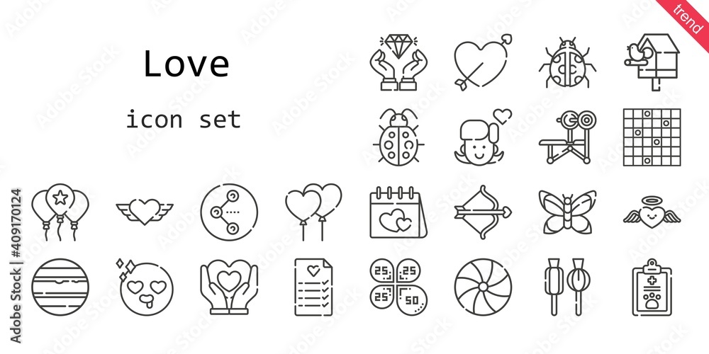 love icon set. line icon style. love related icons such as birdhouse, balloon, bench, candy, balloons, ladybug, lollipop, girl, petals, heart, cupid, wedding planning, diamond, venus, in love