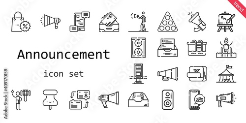 announcement icon set. line icon style. announcement related icons such as megaphone, shower, easel, post it, pool, advertising, billboard, promotions, communications, speaker, dialogue